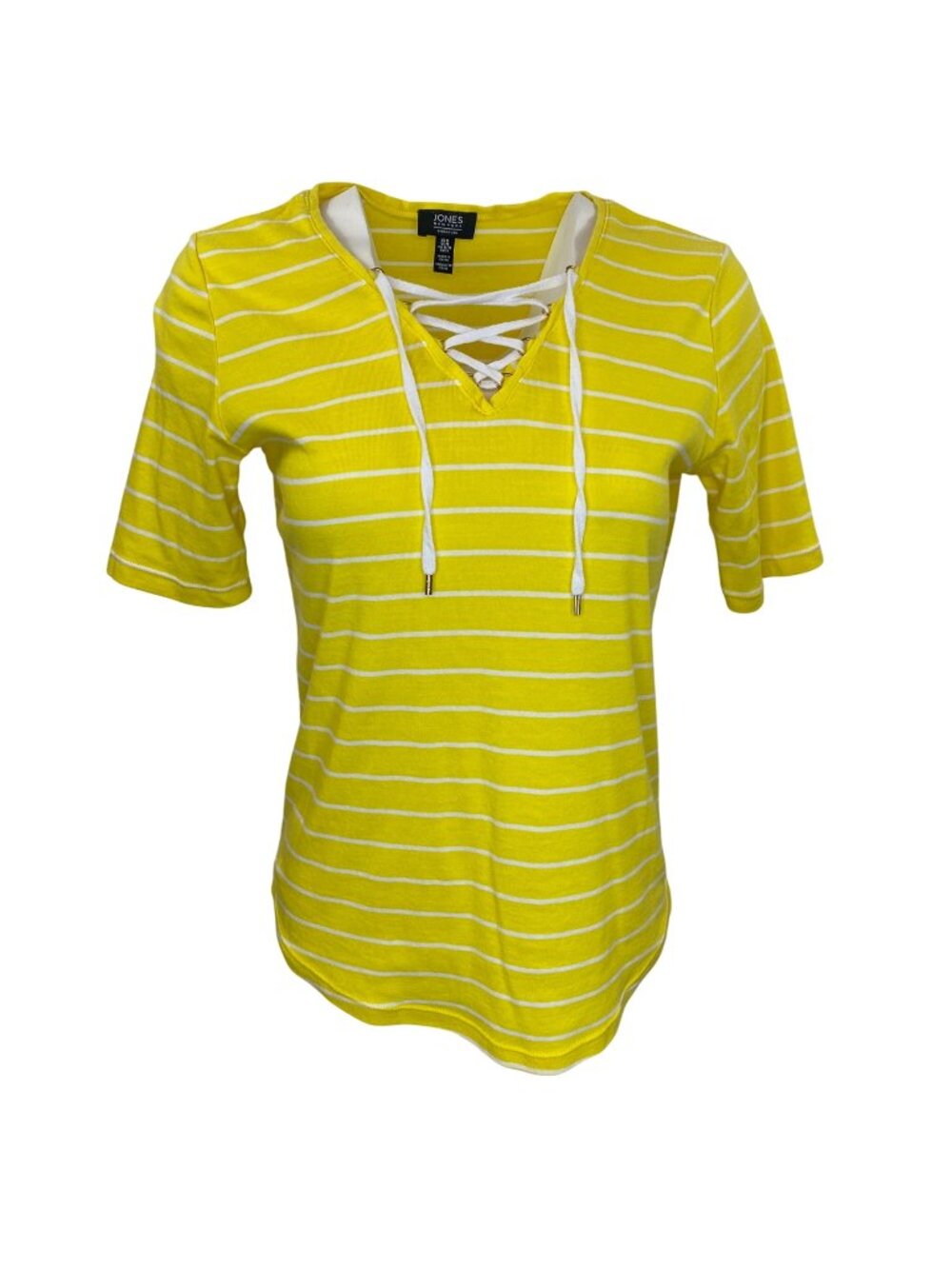 Jones New York Yellow & White Striped Lace-Up Neck Short Sleeve Womens Top M